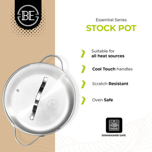 BE | LIVING Essential Series Tri-Ply Stainless Steel Stock Pot with Lid 10"