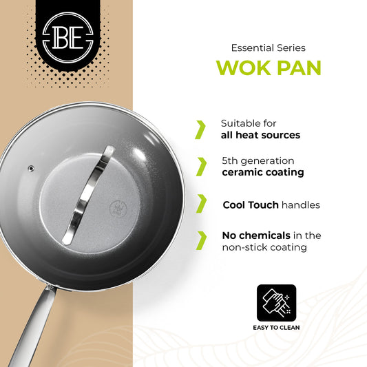 BE | LIVING Essential Series Stainless Steel Black Wok Pan with Lid Ø 28 cm