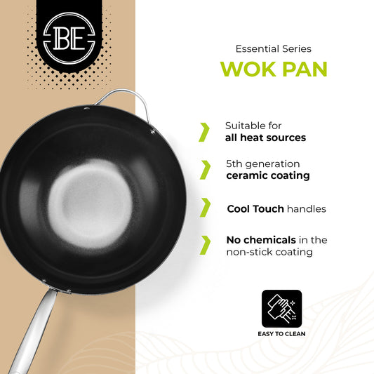 BE | LIVING Essential Series Stainless Steel Black Wok Pan Ø 32 cm