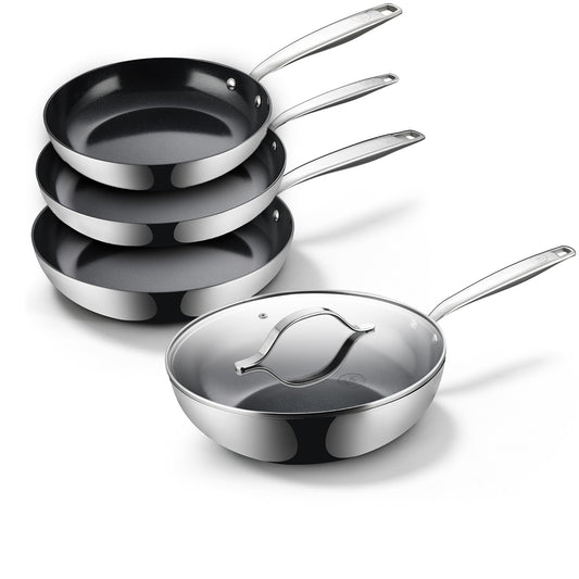 BE Living Essential Series Stainless Steel Black 3 Piece Frying Pan Set + 4.5 qt Wok with Lid (11")