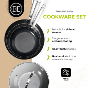 BE Living Essential Series Stainless Steel Black 3 Piece Frying Pan Set + 4.5 qt Wok with Lid (11")