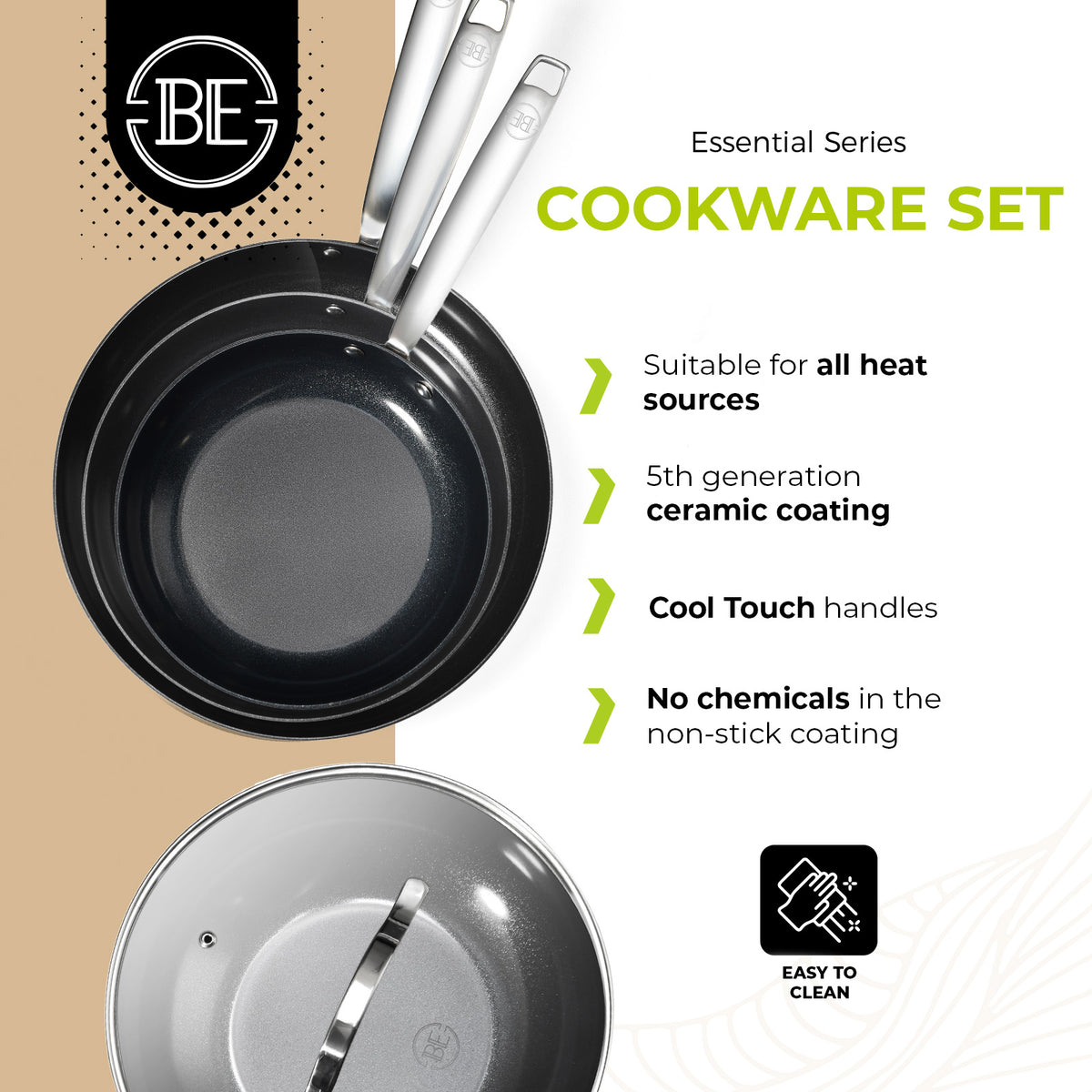 BE Living Essential Series Stainless Steel Black 3 Piece Frying Pan Set + 4.5 qt Wok with Lid (11")