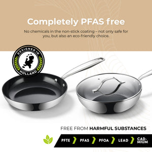 BE Living Essential Series Stainless Steel Black 3 Piece Frying Pan Set + 4.5 qt Wok with Lid (11")