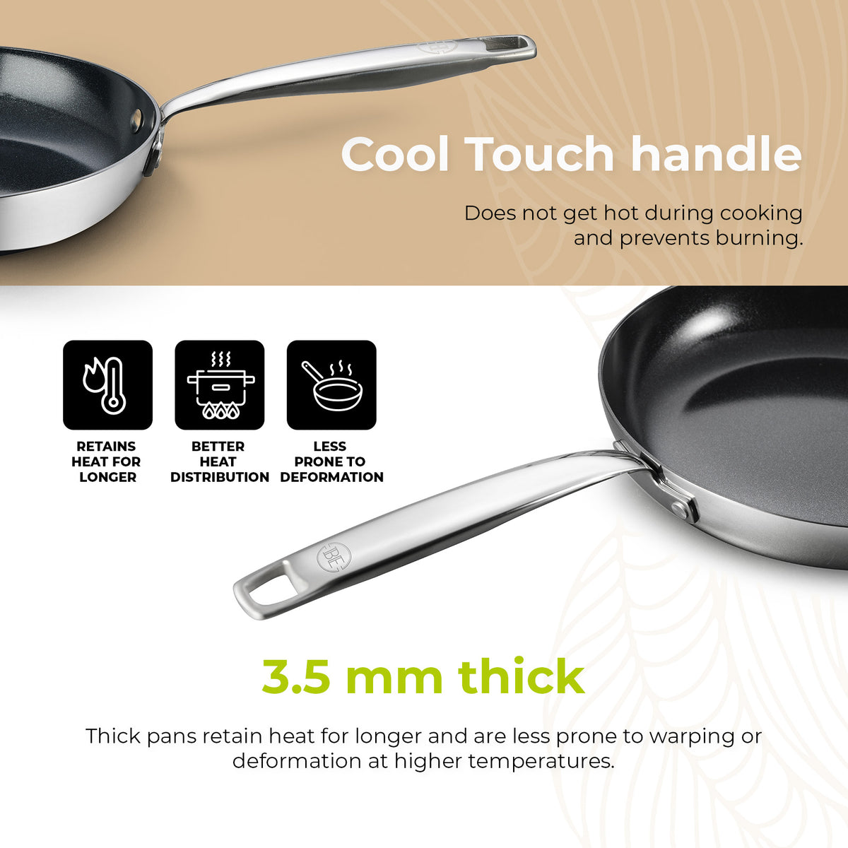 BE Living Essential Series Stainless Steel Black 3 Piece Frying Pan Set + 4.5 qt Wok with Lid (11")