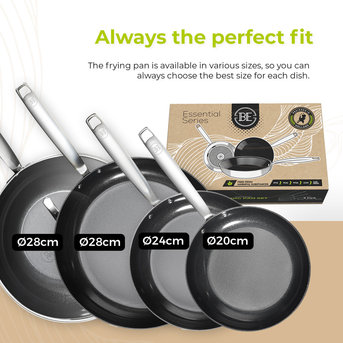 BE Living Essential Series Stainless Steel Black 3 Piece Frying Pan Set + 4.5 qt Wok with Lid (11")