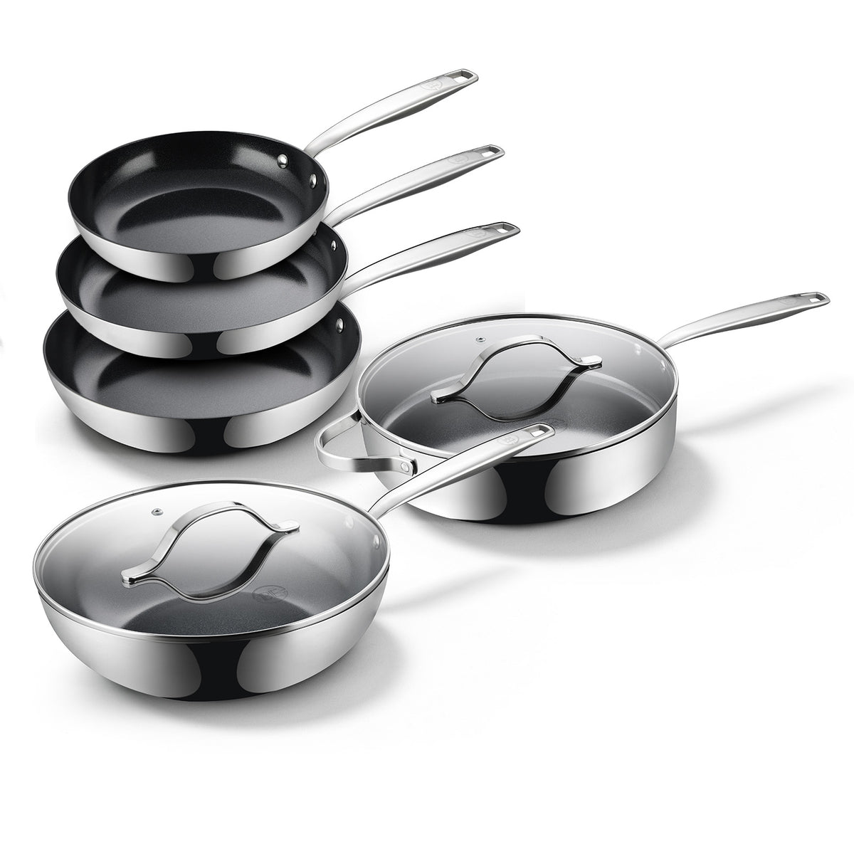 BE Living Essential Series Black Stainless Steel Cookware Set – 4.5 qt Wok & 4 qt Sauté Pan with Lids (11" each) + 3 Frying Pans