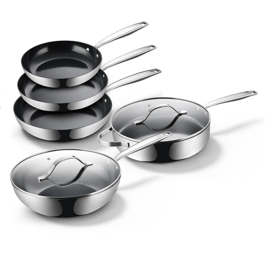 BE Living Essential Series Black Stainless Steel Cookware Set – 4.5 qt Wok & 4 qt Sauté Pan with Lids (11" each) + 3 Frying Pans