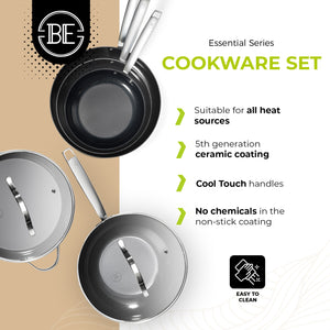 BE Living Essential Series Black Stainless Steel Cookware Set – 4.5 qt Wok & 4 qt Sauté Pan with Lids (11" each) + 3 Frying Pans