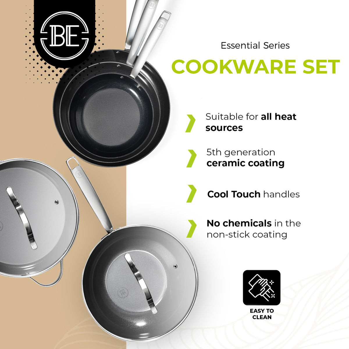 BE Living Essential Series Black Stainless Steel Cookware Set – 4.5 qt Wok & 4 qt Sauté Pan with Lids (11" each) + 3 Frying Pans