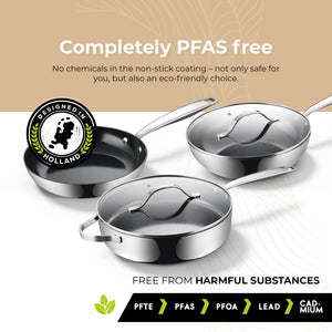 BE Living Essential Series Black Stainless Steel Cookware Set – 4.5 qt Wok & 4 qt Sauté Pan with Lids (11" each) + 3 Frying Pans