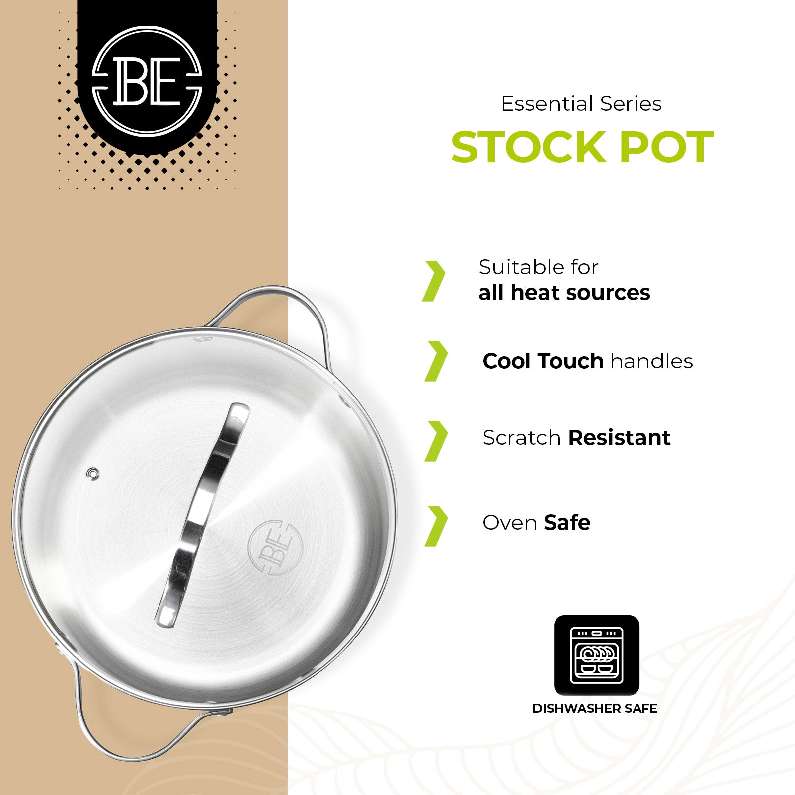 BE | LIVING Essential Series Tri-Ply Stainless Steel Stock Pot with Lid 10"