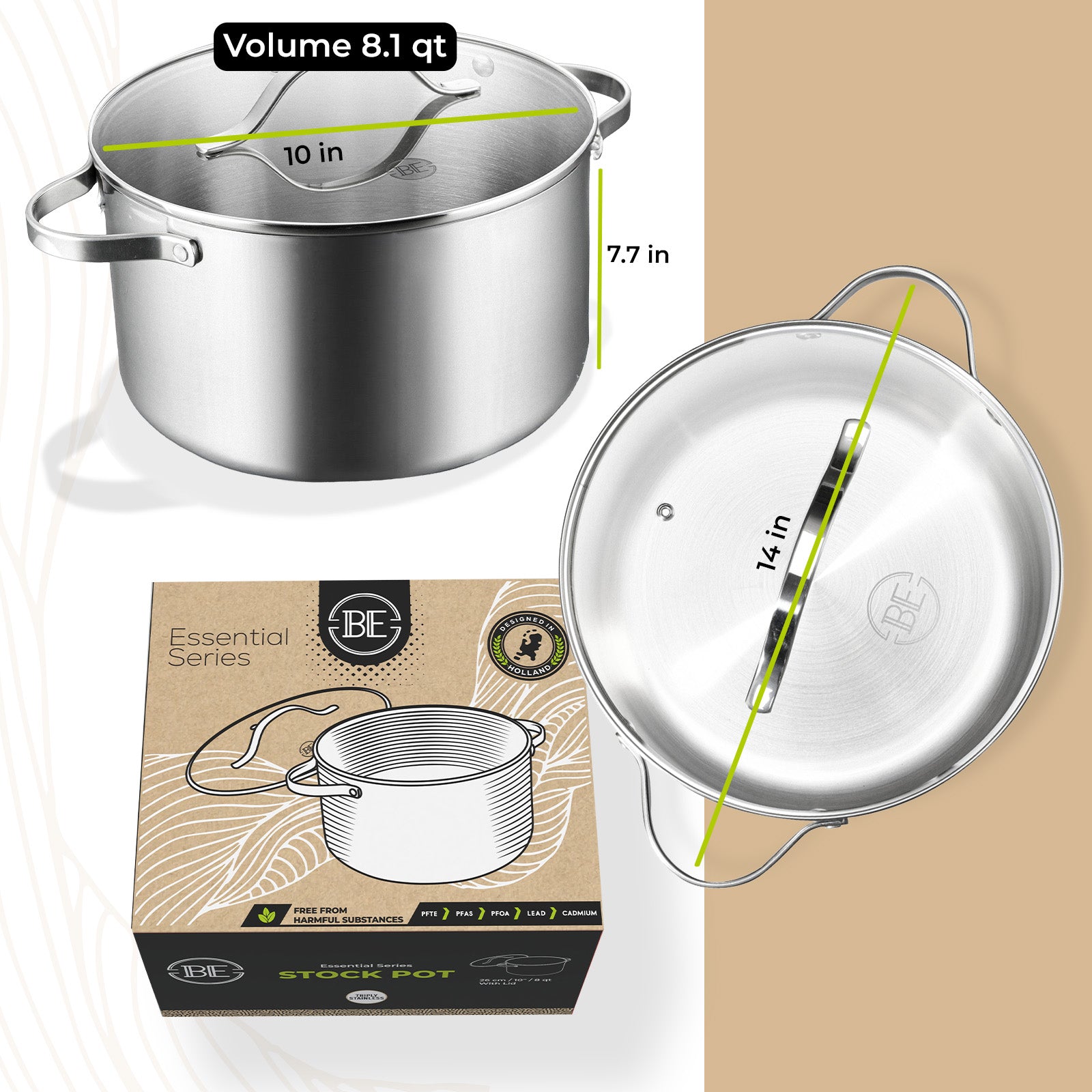 BE | LIVING Essential Series Tri-Ply Stainless Steel Stock Pot with Lid 10"