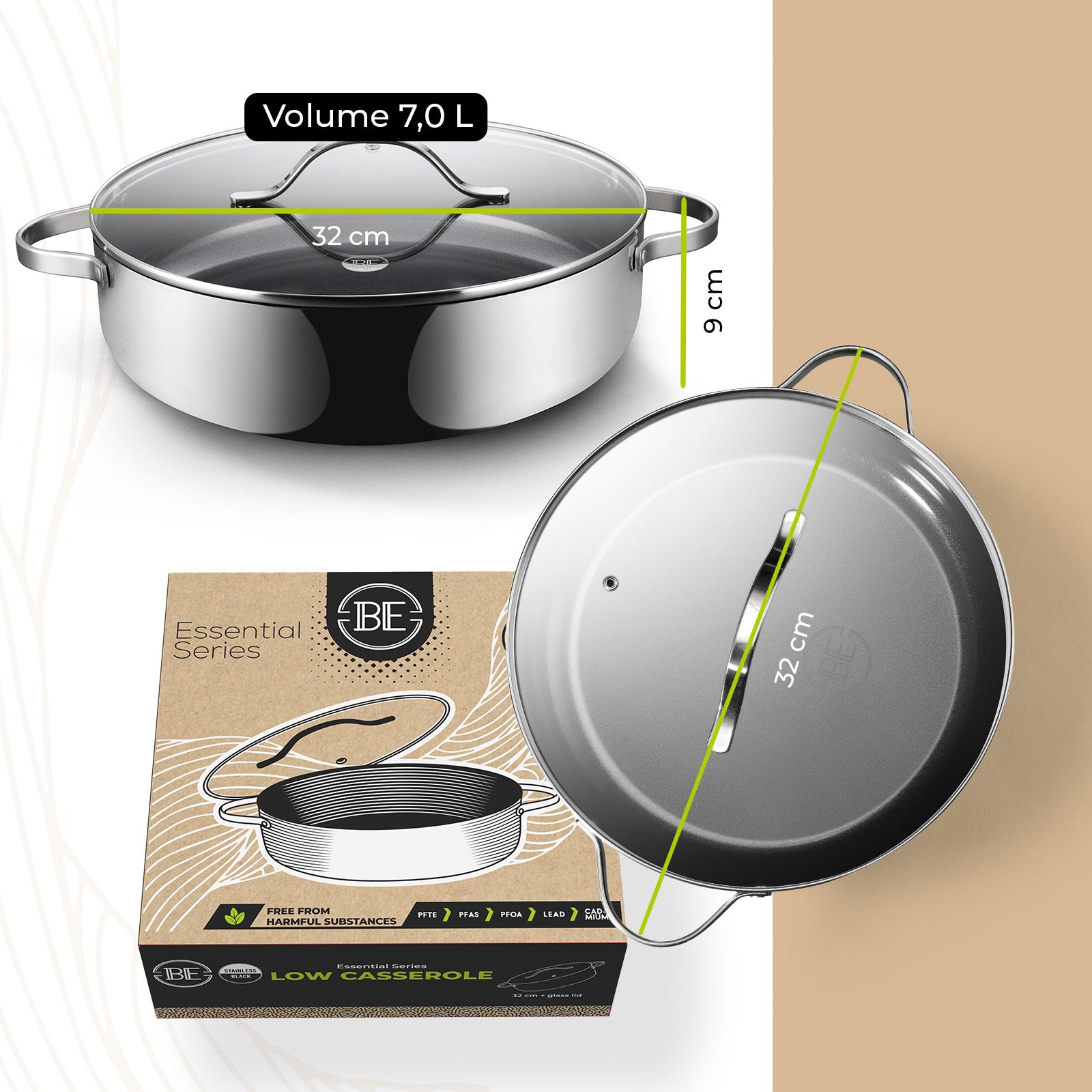 BE | LIVING Essential Series Stainless Steel Black Sauté Pan with Lid Ø 32 cm