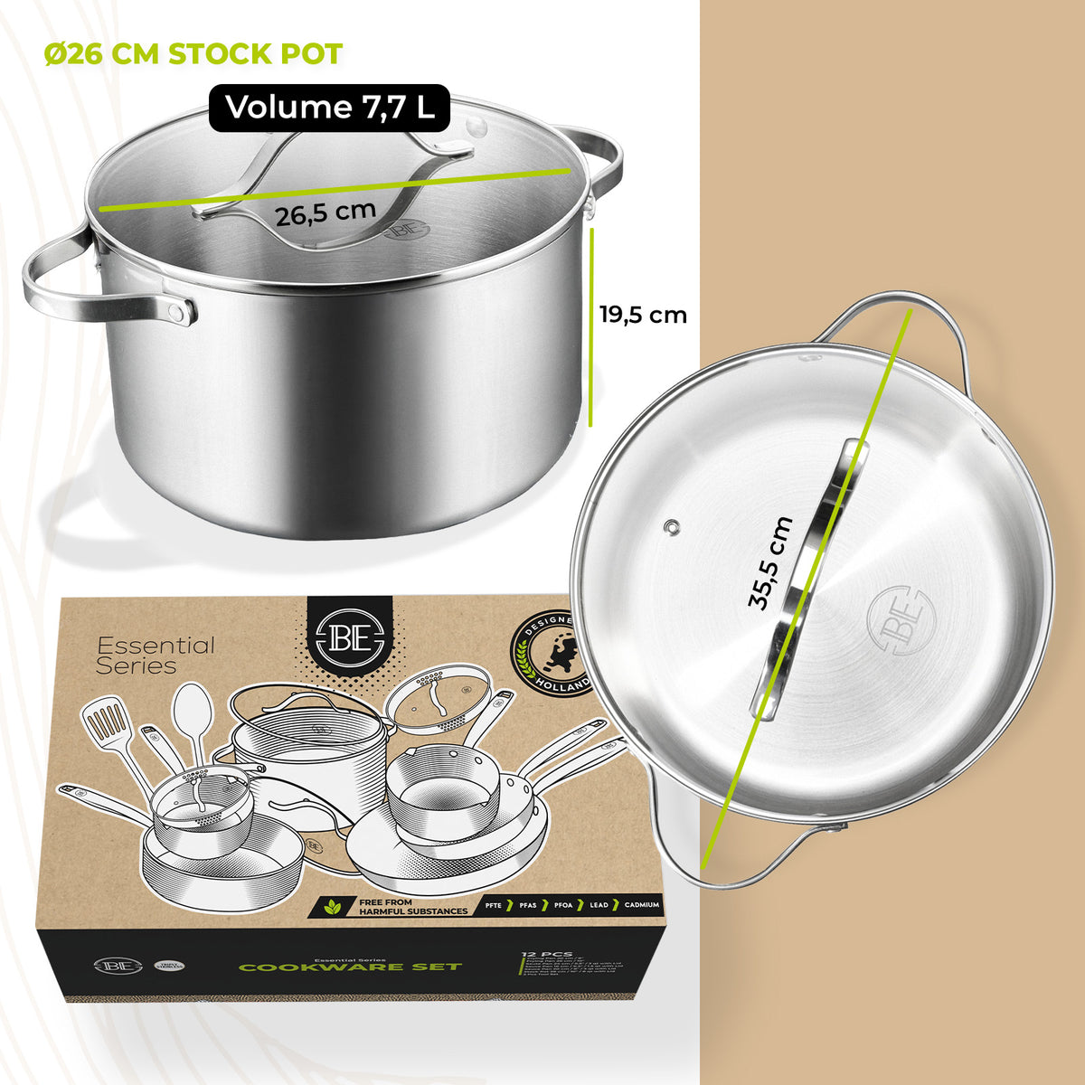 BE Living Essential Series PFAS- free Tri-Ply Stainless Steel 12-Piece Cookware Set