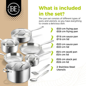 BE | LIVING Essential Series Tri-Ply Stainless Steel 12-Piece Cookware Set