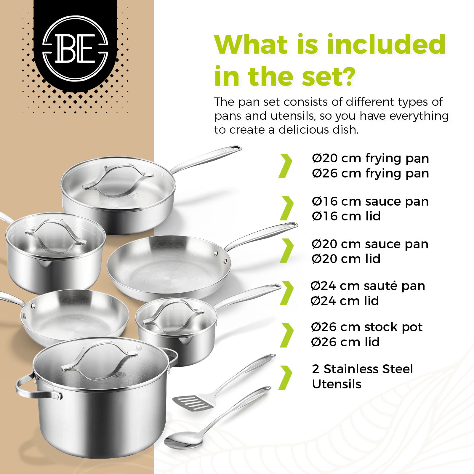 BE | LIVING Essential Series Tri-Ply Stainless Steel 12-Piece Cookware Set