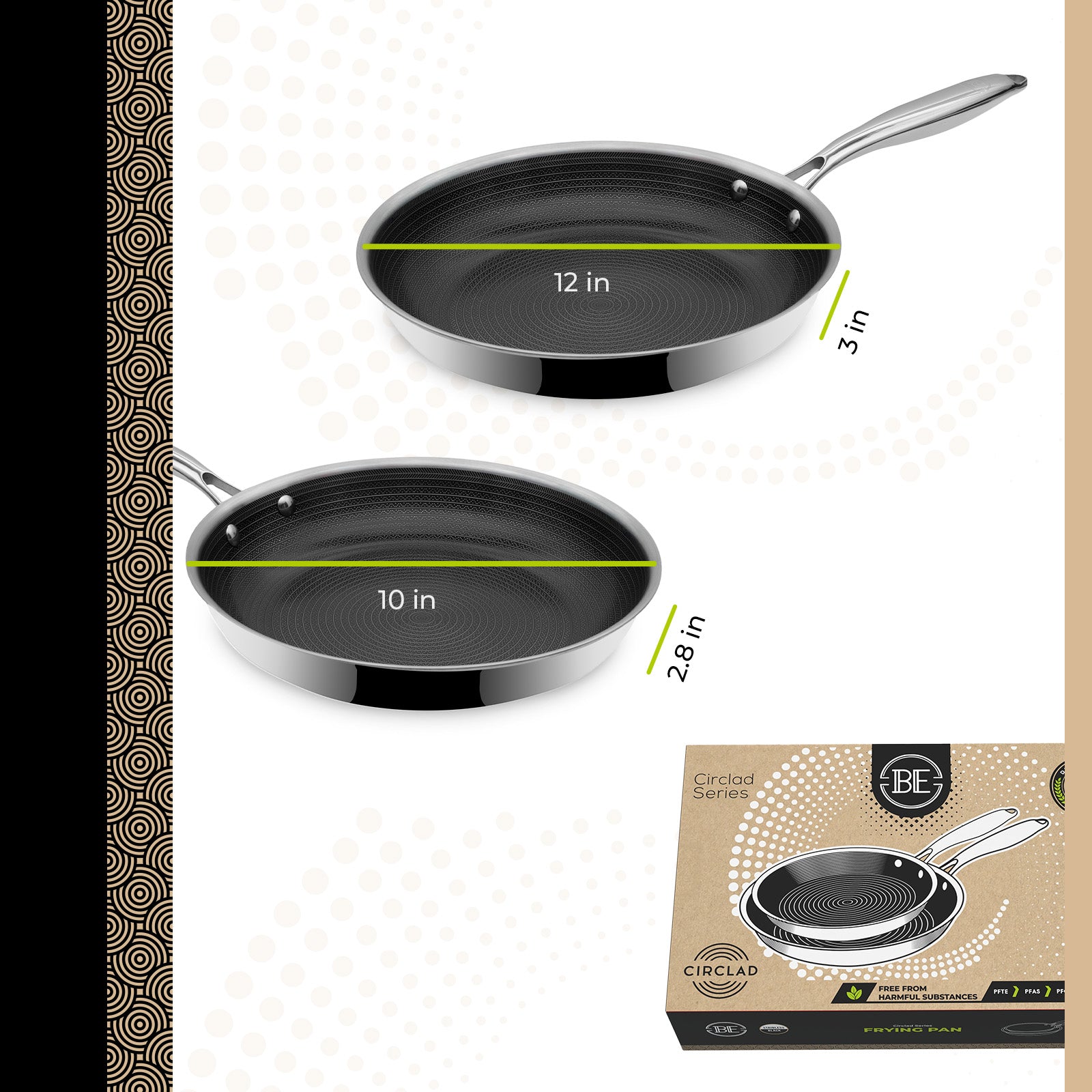 BE | LIVING CIRCLAD Series 2-Piece Stainless Steel Nonstick Fry Pan Set 10" and 12"