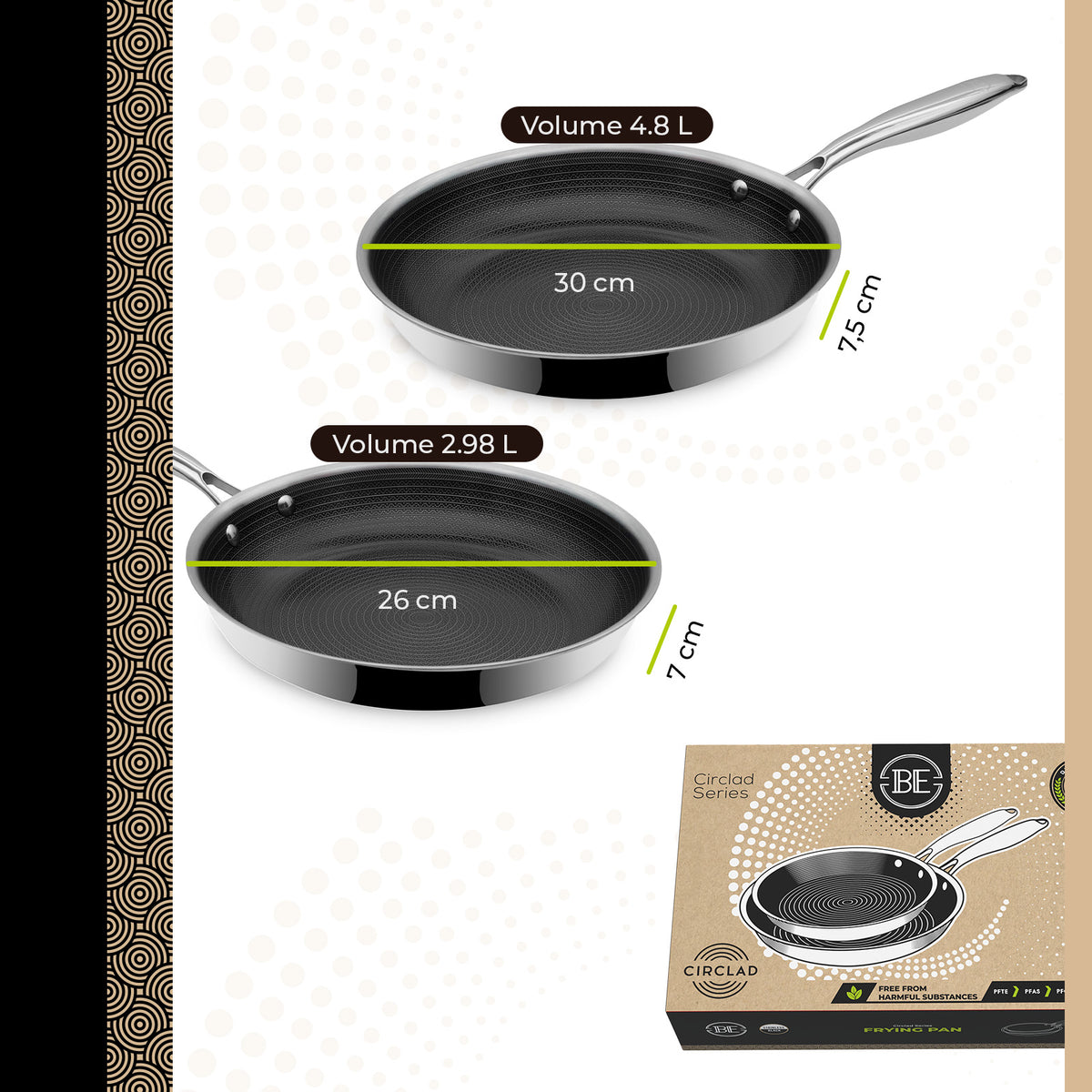 BE Living CIRCLAD Series 2-Piece Stainless Steel Nonstick Fry Pan Set 10" and 12"