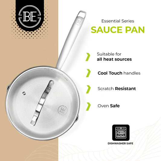 BE | LIVING Essential Series Tri-Ply Stainless Steel Sauce Pan with Lid 8"