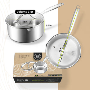 BE | LIVING Essential Series Tri-Ply Stainless Steel Sauce Pan with Lid 8"