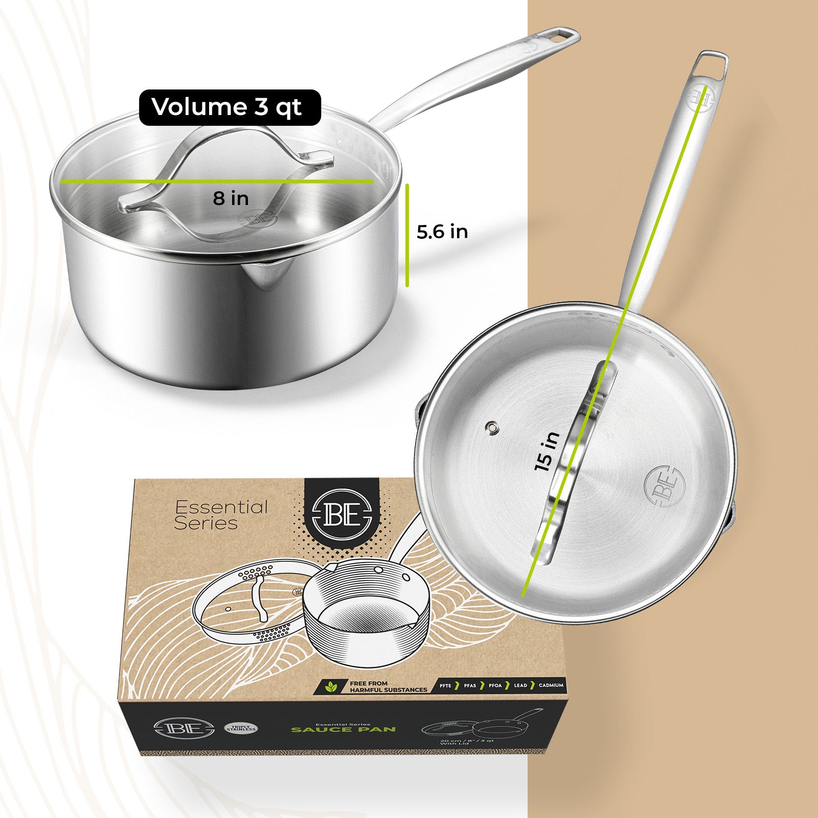 BE | LIVING Essential Series Tri-Ply Stainless Steel Sauce Pan with Lid 8"