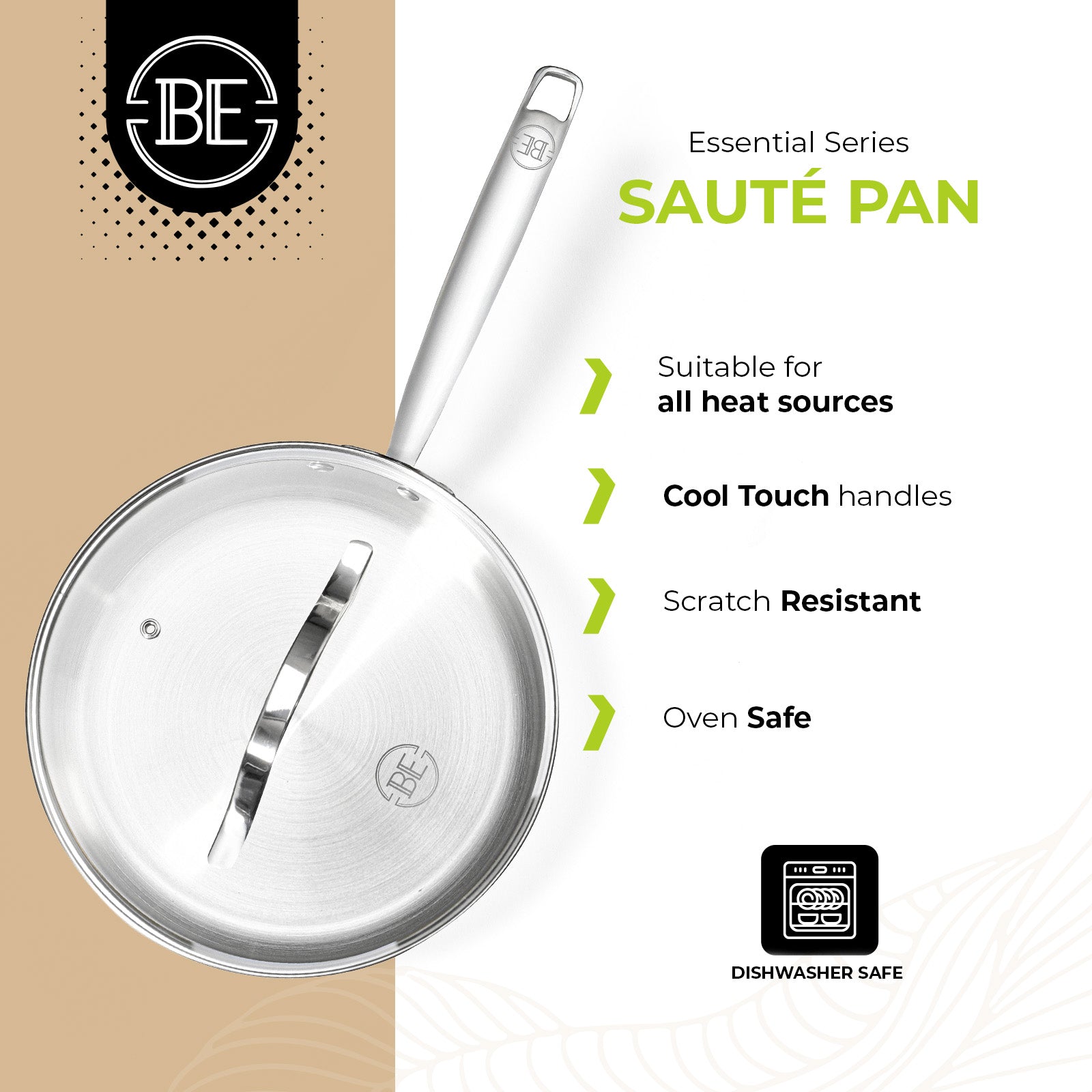BE | LIVING Essential Series Tri-Ply Stainless Steel Sauté Pan with Lid 9.5"