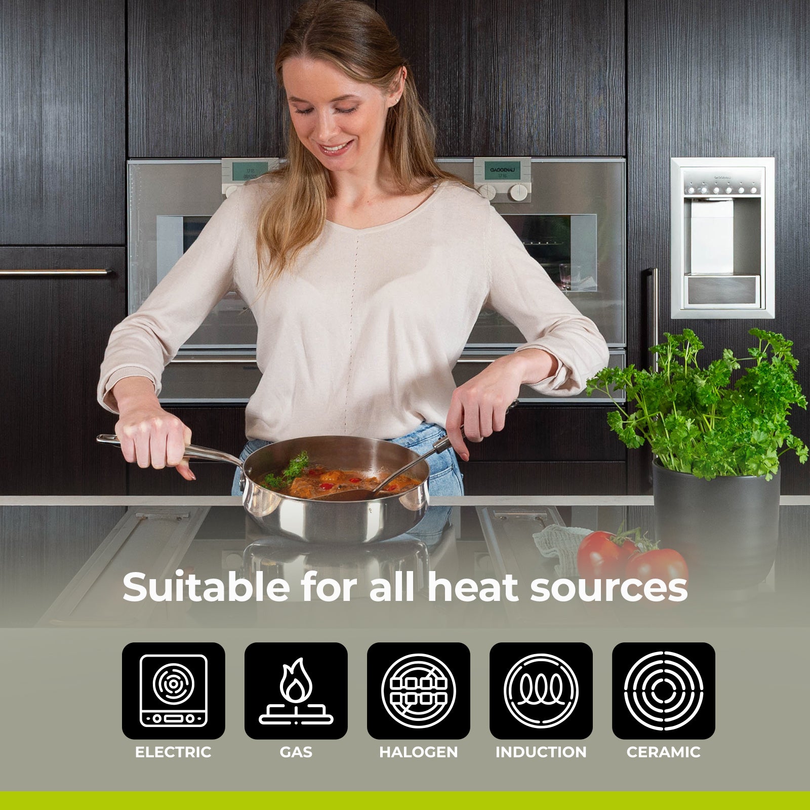 BE | LIVING Essential Series Tri-Ply Stainless Steel Sauté Pan with Lid 9.5"
