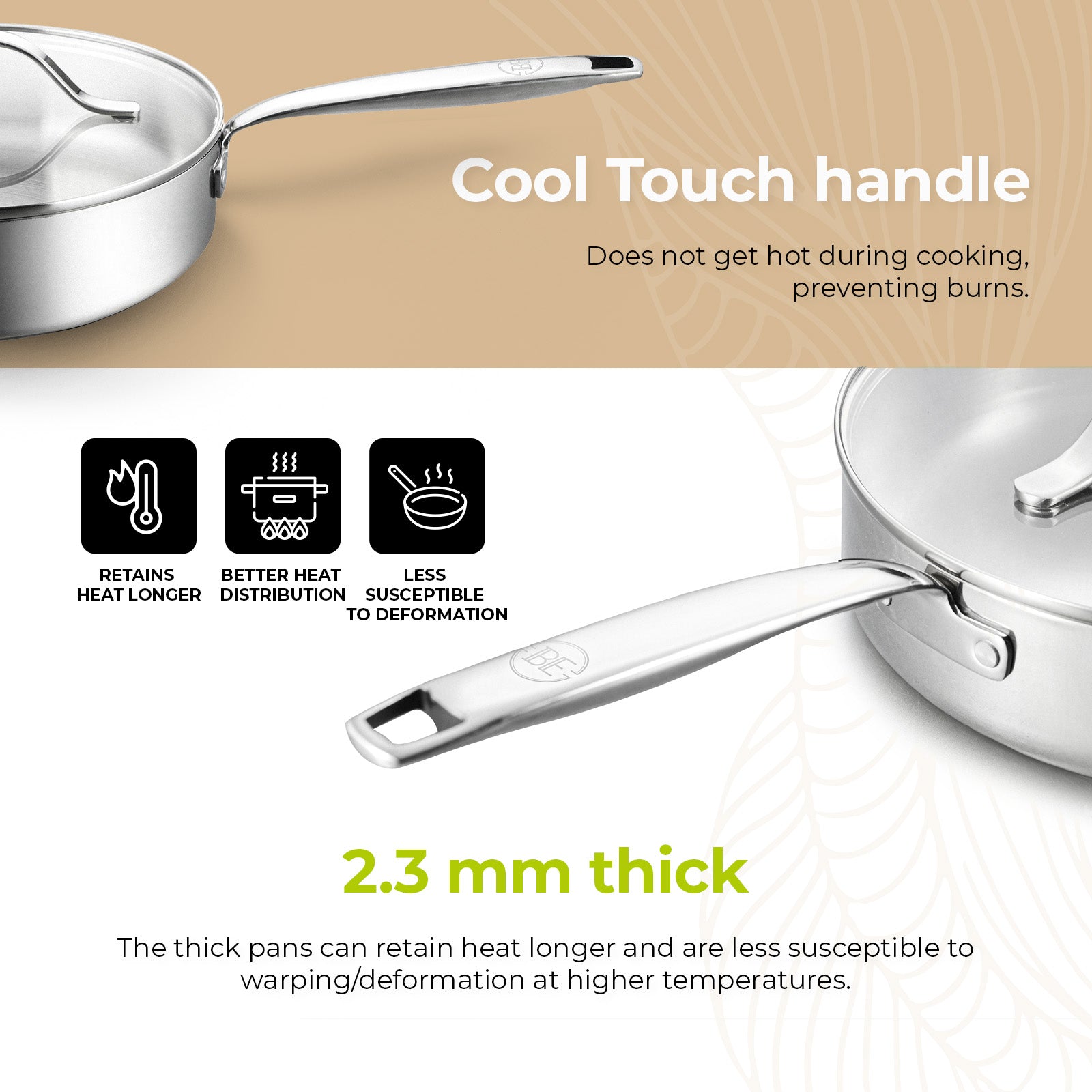 BE | LIVING Essential Series Tri-Ply Stainless Steel Sauté Pan with Lid 9.5"