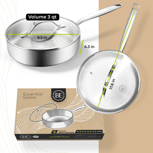 BE | LIVING Essential Series Tri-Ply Stainless Steel Sauté Pan with Lid 9.5"