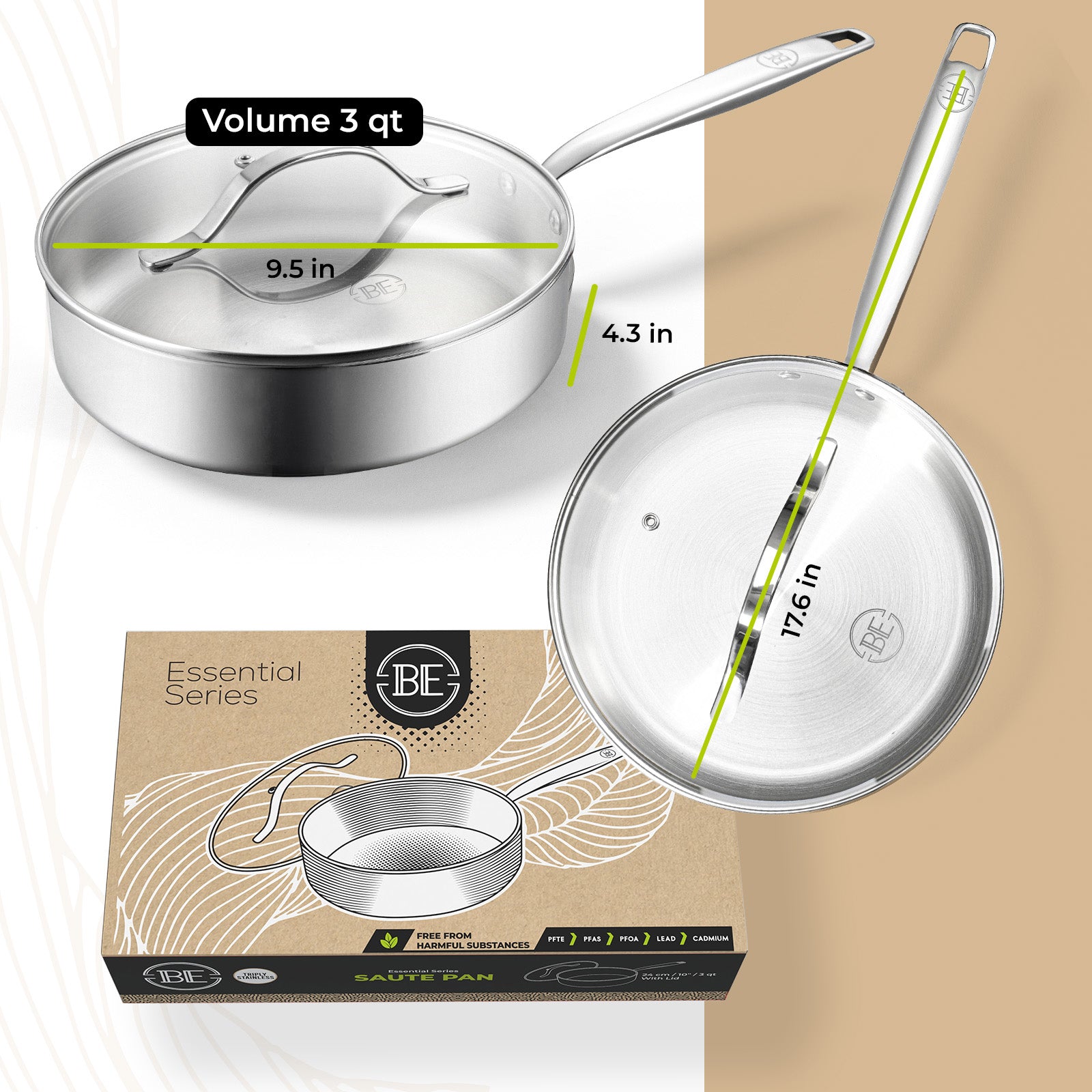 BE | LIVING Essential Series Tri-Ply Stainless Steel Sauté Pan with Lid 9.5"