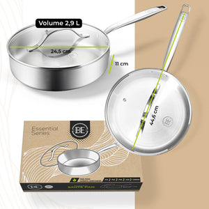 BE Living Essential Series PFAS-free Tri-Ply Stainless Steel Sauté Pan with Lid - 3 qt - Ø 9.5" 