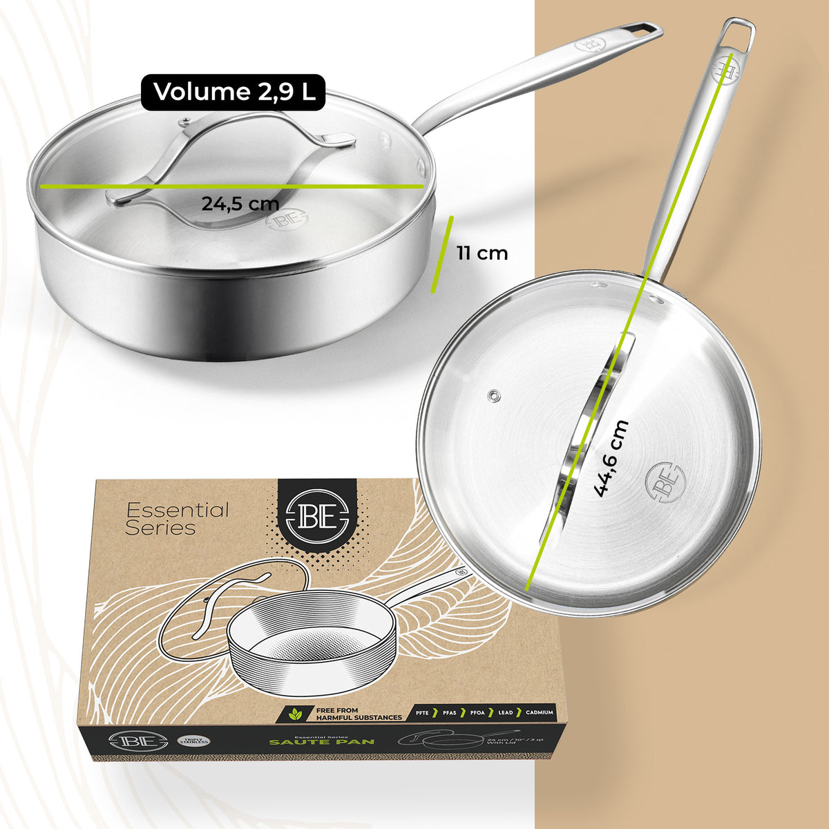 BE Living Essential Series PFAS-free Tri-Ply Stainless Steel Sauté Pan with Lid - 3 qt - Ø 9.5" 