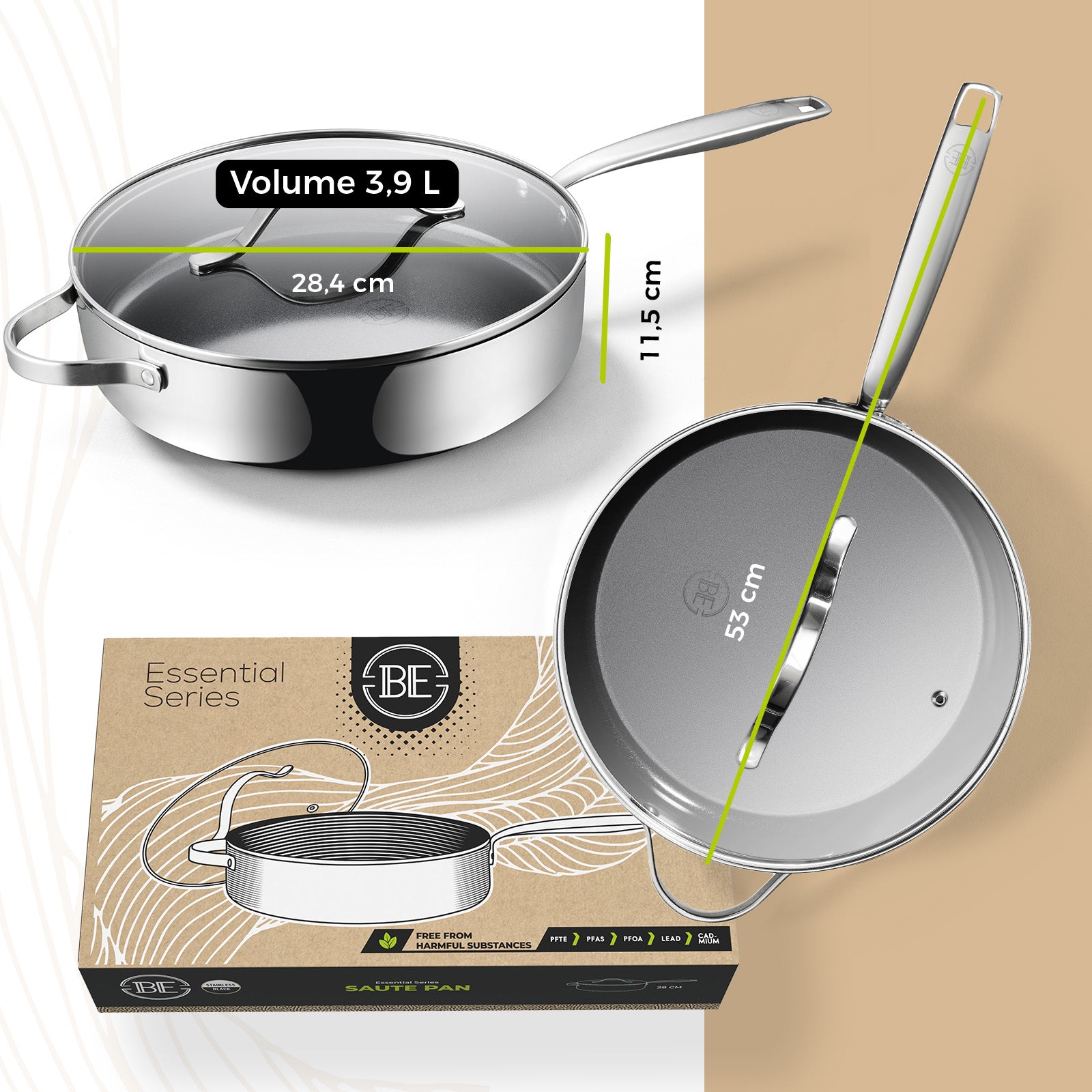 BE | LIVING Essential Series Stainless Steel Black Sauté Pan with Lid Ø 28 cm