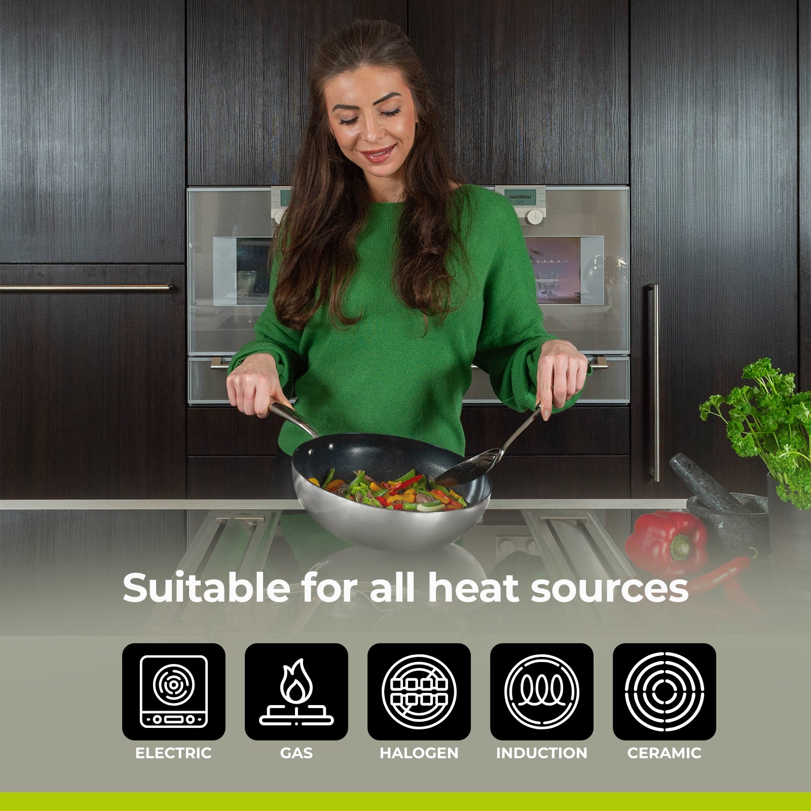 BE | LIVING Essential Series Stainless Steel Black Wok Pan with Lid Ø 28 cm