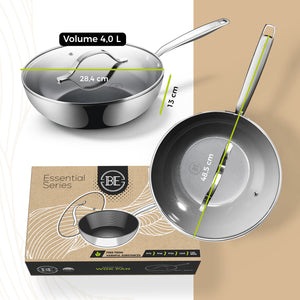 BE | LIVING Essential Series Stainless Steel Black Wok Pan with Lid Ø 28 cm