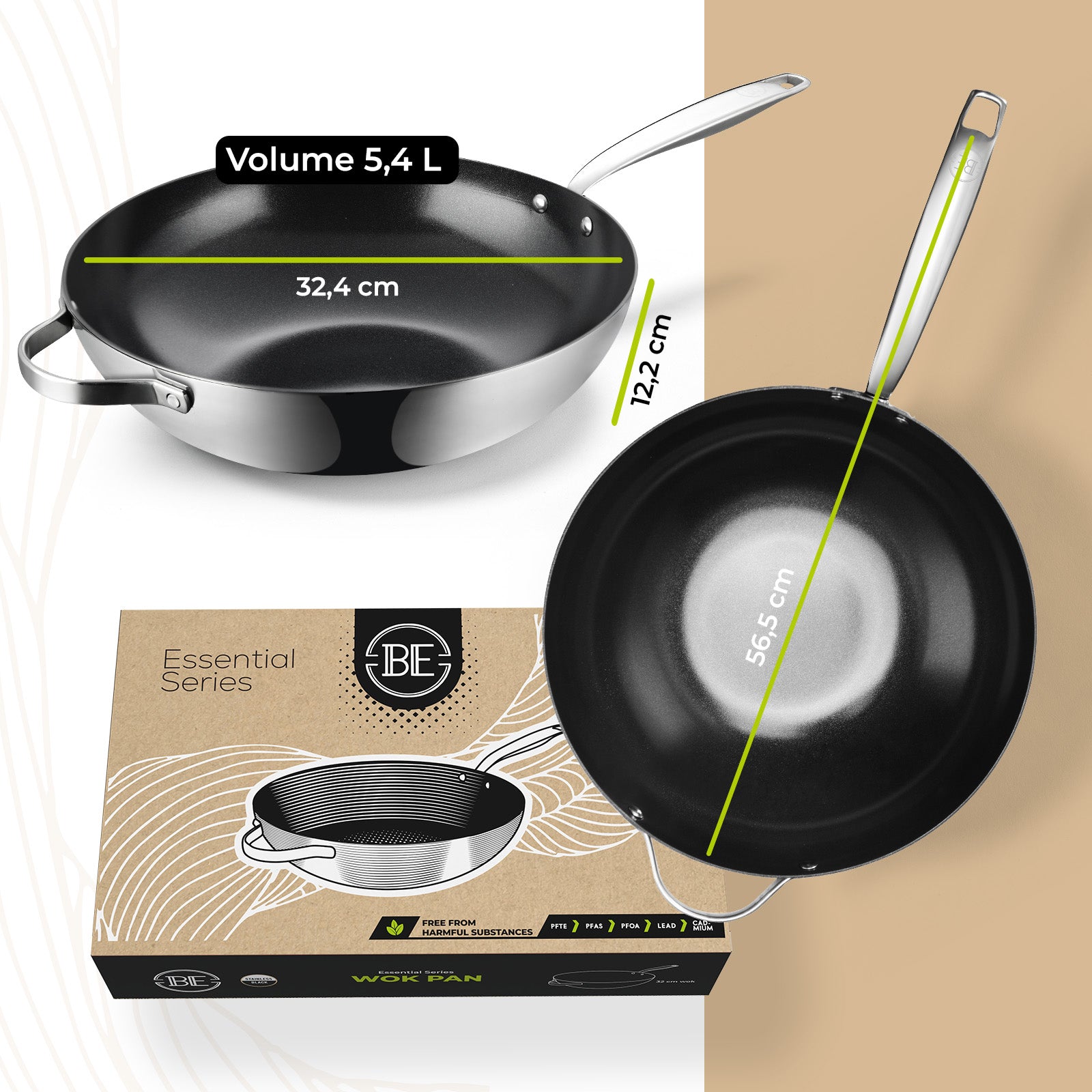 BE | LIVING Essential Series Stainless Steel Black Wok Pan Ø 32 cm